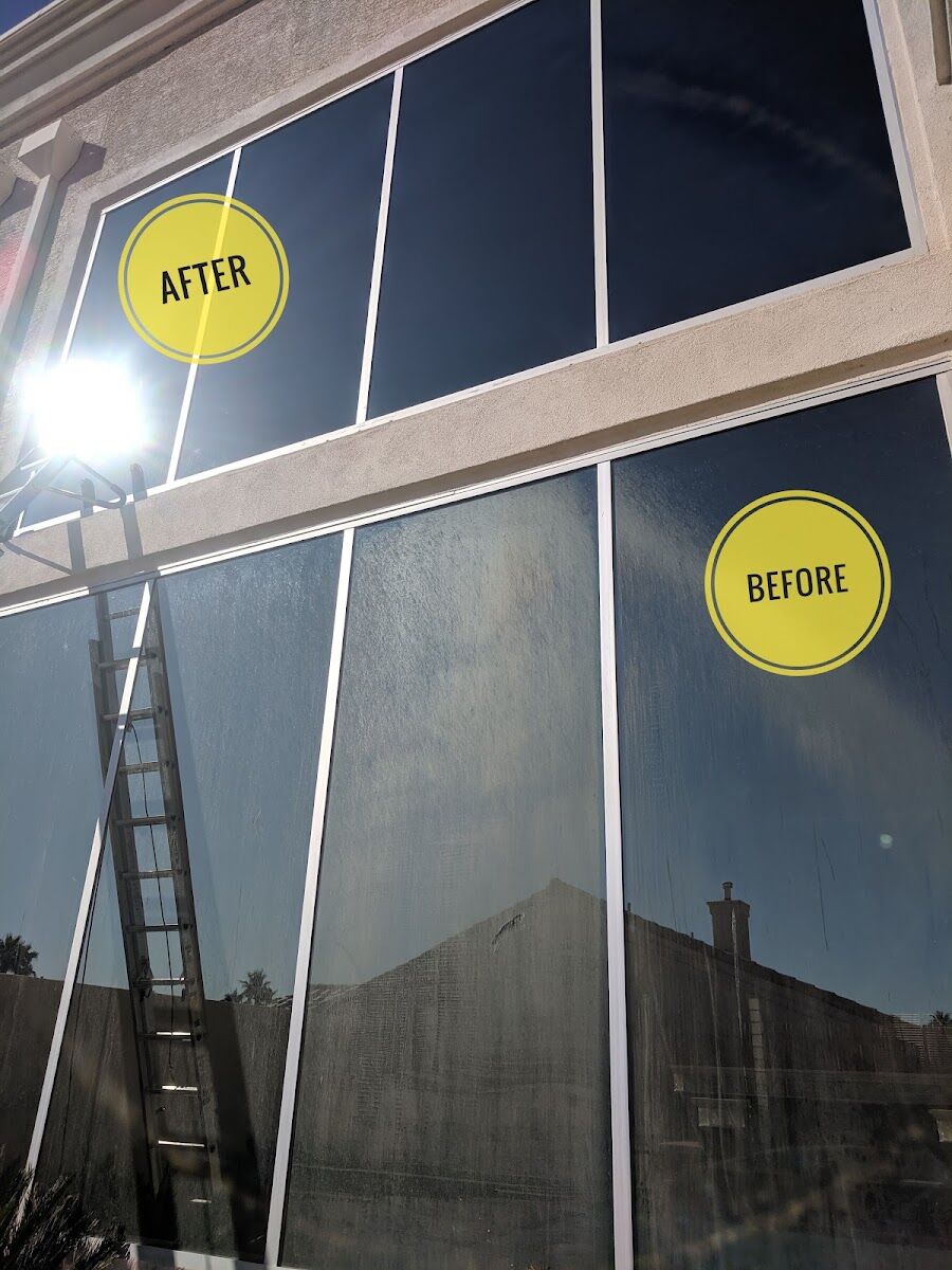 Before and after comparison of a hard-water spotted window in Las Vegas